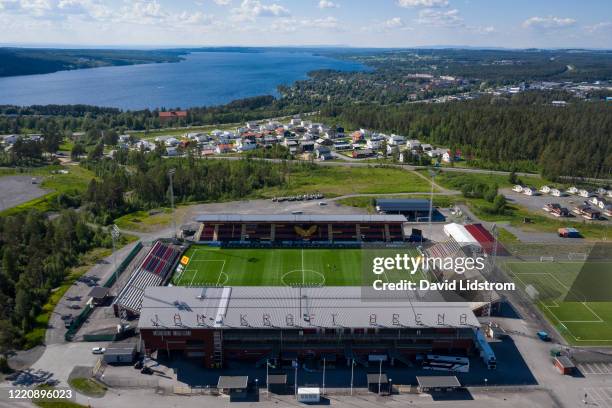 Aerial view of Jamtkraft Arena ahead of the Allsvenskan match between Ostersunds FK and IK Sirius FK at Jamtkraft Arena on June 18, 2020 in...