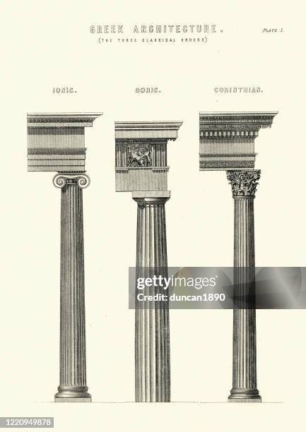 ancient greek architecture, ionic, doric, corinthian, columns - architectural column stock illustrations