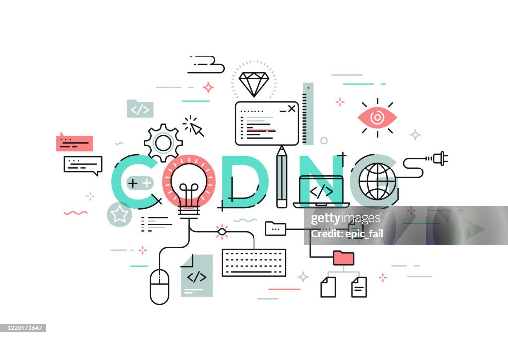 Flat Style Thin Line Banner Design Of Coding High-Res Vector Graphic ...