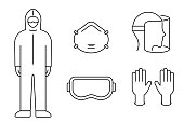 Coronavirus prevention equipment line icon set. Protective suit, mask, gloves, goggles, face shield.