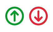 green up and red down arrows, round thin line vector signs