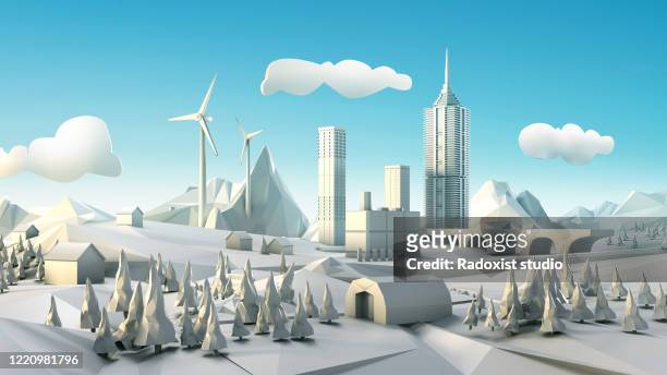 Polygon landscape with windmill, city and forests