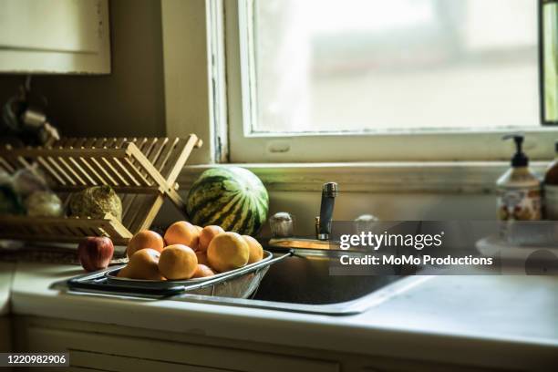 oranges ready for washing in kitchen sink - atlanta georgia food stock pictures, royalty-free photos & images