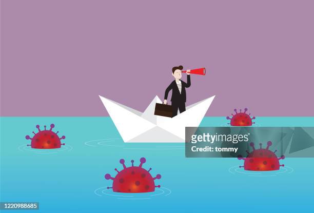 illustrazioni stock, clip art, cartoni animati e icone di tendenza di uomo d'affari in possesso di un telescopio su una barca di carta con un virus in mare - economia
