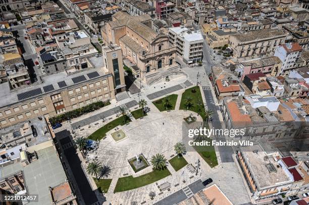 Aerial view of the empty Piazza dell'Unità d'Italia from a Catania Coast Guard helicopter flight on April 25, 2020 in Ispica, Italy. The Coast Guard...