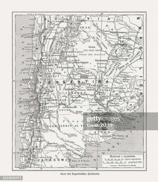 historical map of argentina, wood engraving, published in 1893 - geography of uruguay stock illustrations
