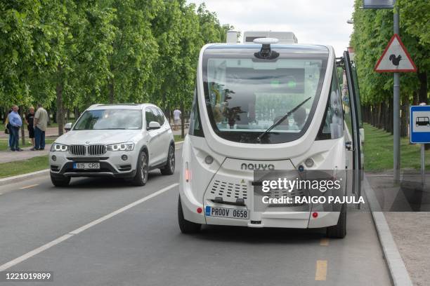 Picture taken on June 16, 2020 shows a self-driving bus being tested out on tourist route in Tallin, Estonia. - The project is a joint initiative...