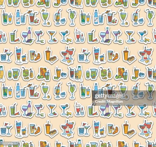 cocktails doodles seamless pattern yellow background - drinking tequila stock illustrations