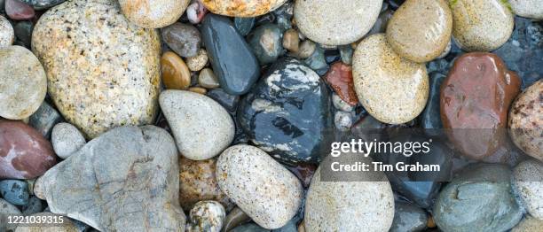 Pebbles in pastel shades of colour form curvy shapes on the seashore on Isle of Arran, Scotland.