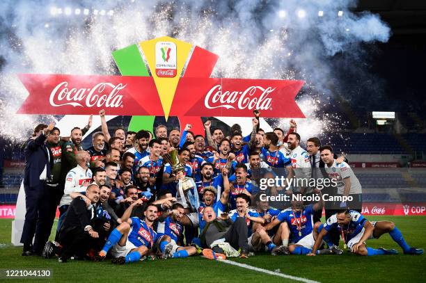 Players of SSC Napoli celebrate with the trophy during the awards ceremony at end of the Coppa Italia final football match between SSC Napoli and...