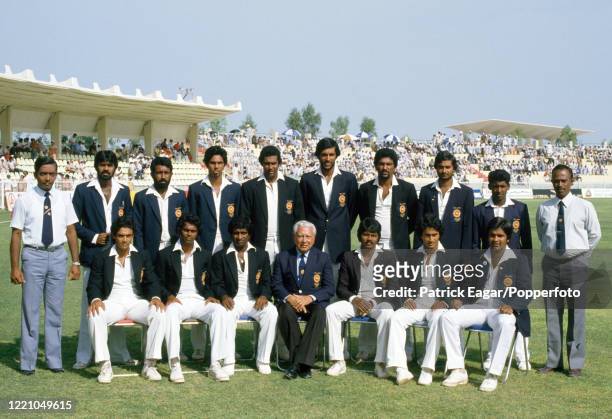 The Sri Lanka squad for the Rothmans Asia Cup at the Sharjah Cricket Stadium, Sharjah, UAE, April 1984. Players pictured are : Jayantha Amerasinghe,...