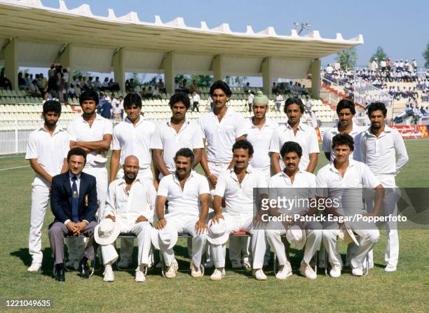 The India squad for the Rothmans Asia Cup at the Sharjah Cricket Stadium, Sharjah, UAE, April 1984. Pictured are : Chetan Sharma, Sandeep Patil, Raju...
