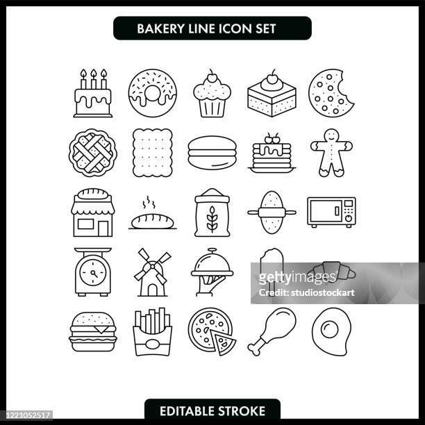 bäckerei linie icon set. bearbeitbarer strich - brownie stock-grafiken, -clipart, -cartoons und -symbole