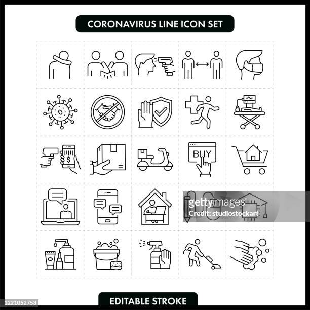 coronavirus covid-19 line icon set. bearbeitbarer strich - computer virus stock-grafiken, -clipart, -cartoons und -symbole