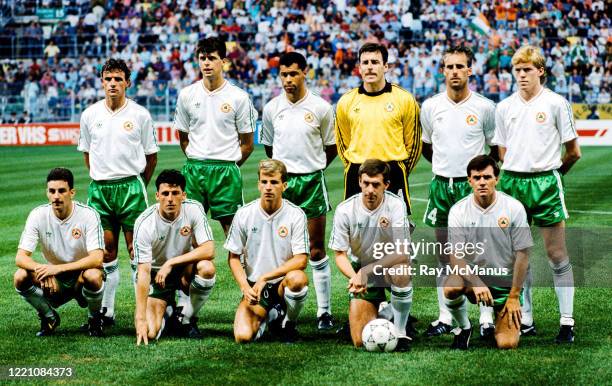 Palermo , Italy - 21 June 1990; The Republic of Ireland team, back row, from left, Kevin Moran, Niall Quinn, Paul mcGrath, Packie Bonner, Mick...