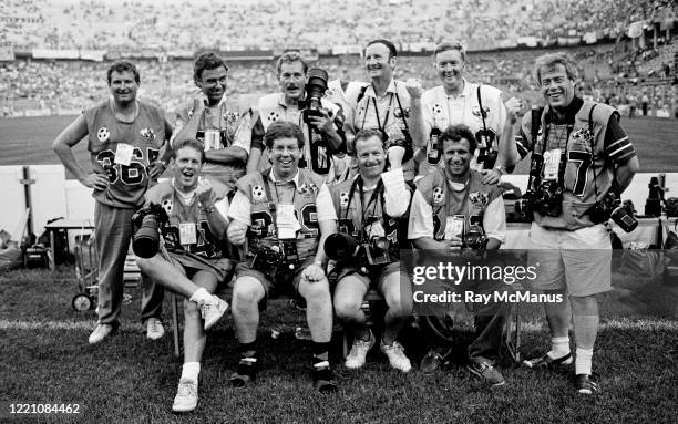 Palermo , Italy - 21 June 1990; Members of the travelling Irish press corps, back row, from left, RTÉ sound engineer Pat Murray, Peter Thursfield of...