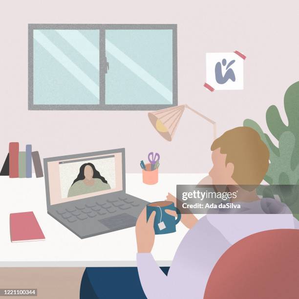 working and talking to using computer - zoom date stock illustrations
