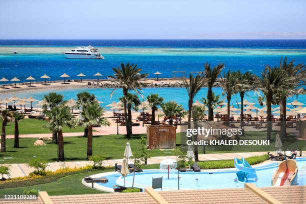 This picture taken on June 19, 2020 a view of the beach area at the Hilton Hurghada Plaza hotel in Egypt's southern Red Sea city of Hurghada.