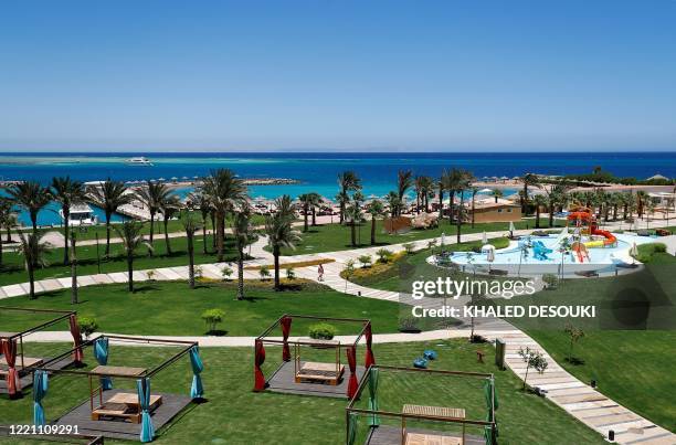 This picture taken on June 19, 2020 a view of the beach area at the Hilton Hurghada Plaza hotel in Egypt's southern Red Sea city of Hurghada.