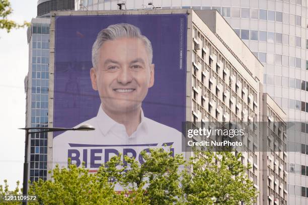 Large banner advertising presidential candidate Robert Biedron is seen on June 19, 2020 in Warsaw, Poland. On June 28 Poles will vote in the first...