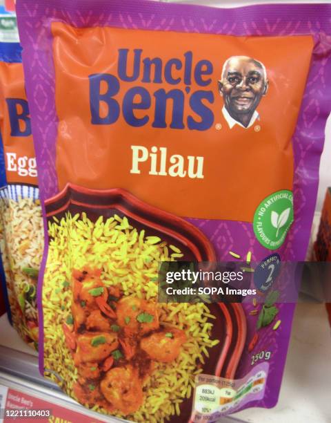 Packet of Uncle Ben's Pilau rice on a shelf in a supermarket. Rice Company Uncle Ben's is to change the image of a black farmer, which the brand has...