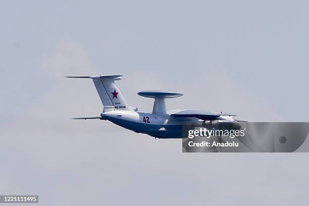 Airborne early warning and control aircraft Beriev A-50 Shmel Ilyushin Il-76 takes part in rehearsal for 2020 Victory Day parade, in Moscow's...