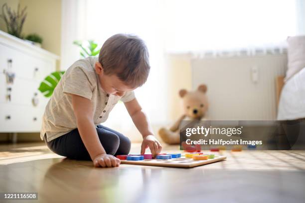 small boy indoors at home, playing on floor. - jouet garçon photos et images de collection