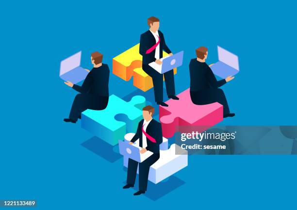 teamwork, four businessmen sitting and working on puzzles - four people stock illustrations