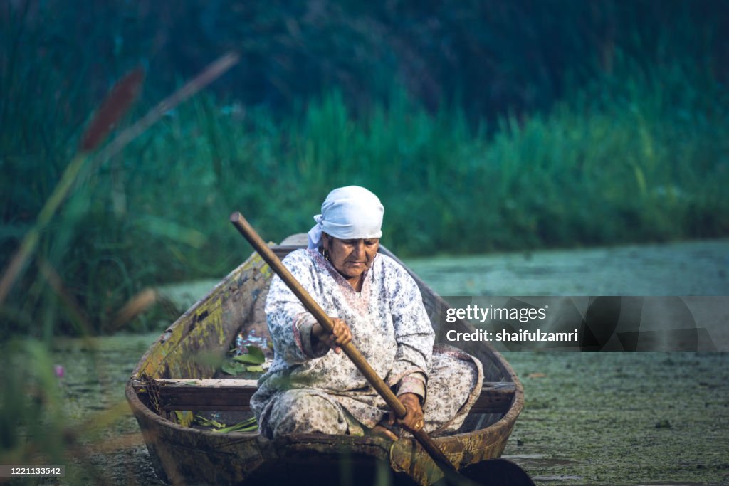 Kashmiri people paddle a shikara (traditional wooden boat) at Dal Lake