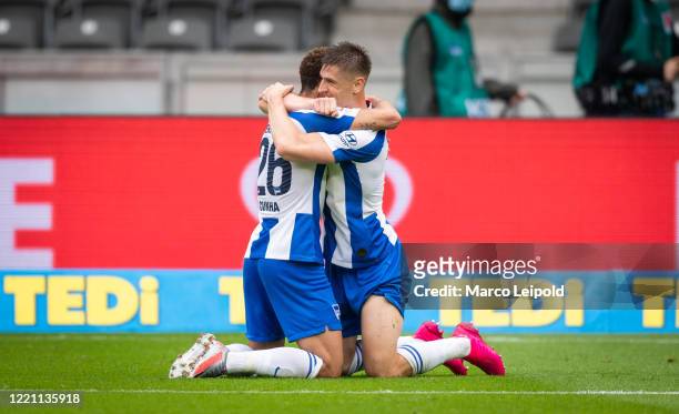 Matheus Cunha and Krzysztof Piatek of Hertha BSC celebrate after scoring the 1:0 during the Bundesliga match between Hertha BSC and Bayer 04...