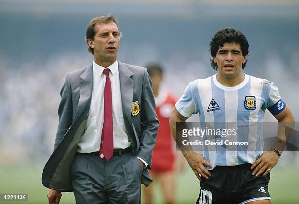 Argentina Manager Carlos Bilardo and Diego Maradona stand together before the World Cup Finals match against South Korea played in Mexico City,...