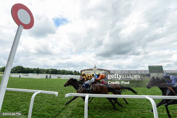 Kevin Stott riding Hello Youmzain crosses the line to win The Diamond Jubilee Stakes during Day Five of Royal Ascot 2020 at Ascot Racecourse on June...