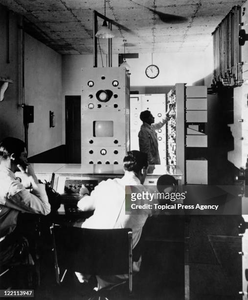 Technicians at work in the Baird Control Room at the BBC's first high definition television station at Alexandra Palace, London, 23rd August 1936....