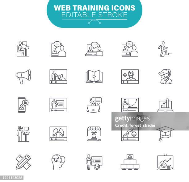 web training line icons. editable stroke. in set icon as social media, communication, personal profile, people, illustration - student leadership stock illustrations