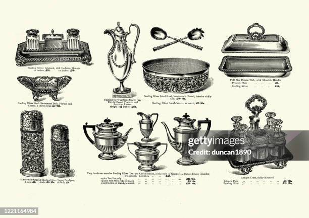 beispiele für spätviktorianisches silberbesteck, 19. jahrhundert - afternoon tea stock-grafiken, -clipart, -cartoons und -symbole