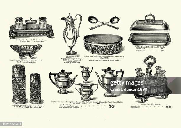 examples of late victorian silverware, 19th century - silver tray stock illustrations