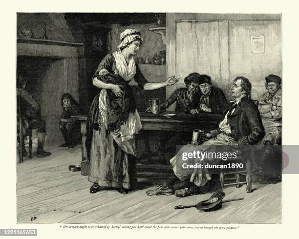 woman scolding feckless man in a pub, victorian, 19th century - child abuse stock illustrations