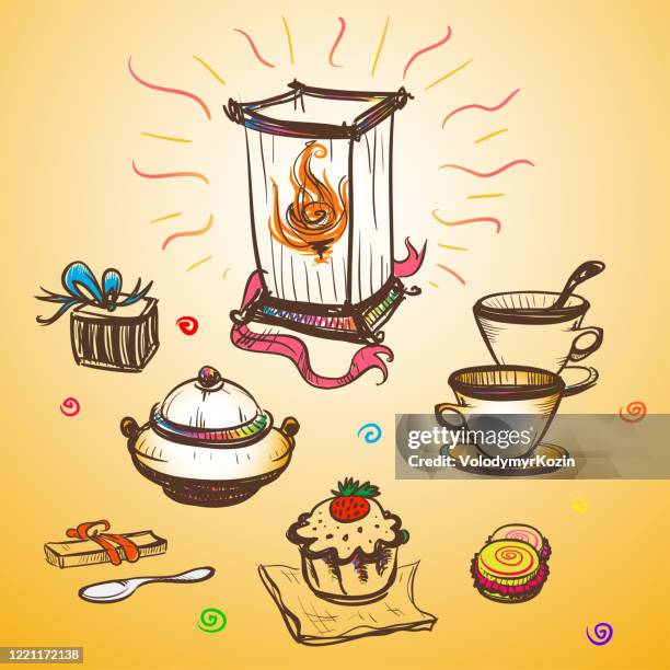 desk with a lamp, cups and desserts symbolizing holiday - holiday tea background stock illustrations