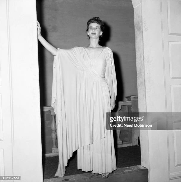 Canadian actress Lois Maxwell wearing a Grecian-style gown, USA, circa 1950.