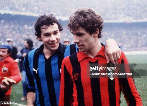 Giuseppe Baresi of FC Internazionale embraces his brother Franco Baresi of AC Milan during the Serie A match between FC Internazionale and AC Milan...