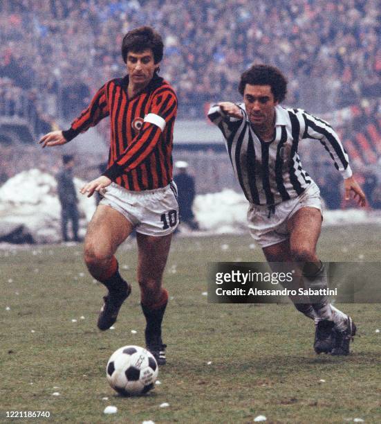 Gianni Rivera of AC Milan competes for the ball with Claudio Gentile of Juventus during the Serie A match between AC Milan and Juventus at stadio San...