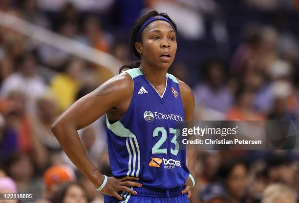 Cappie Pondexter of the New York Liberty during the WNBA game against the Phoenix Mercury at US Airways Center on August 23, 2011 in Phoenix,...
