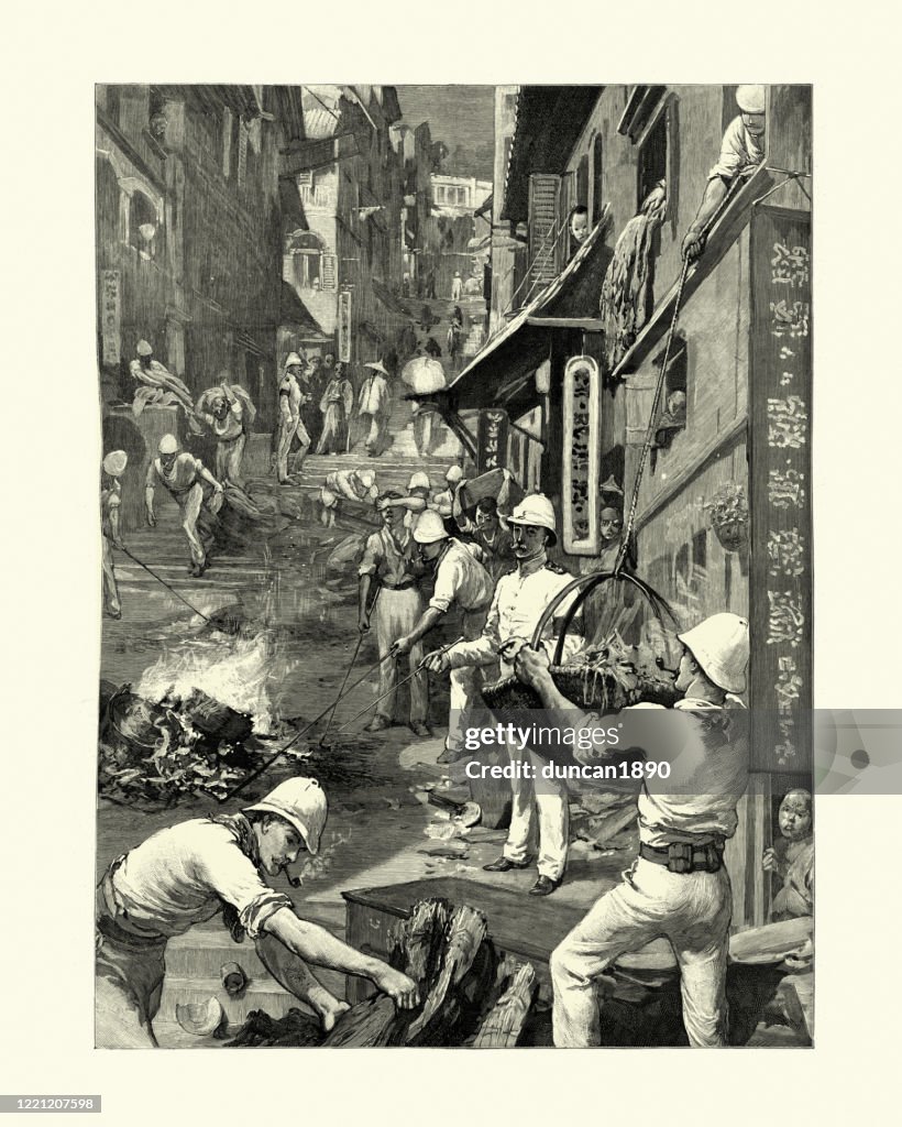 Hong Kong plague pandemic, British soldiers destroying refuse, infected houses