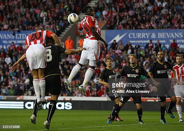 Matthew Upson of Stoke City scores the opening goal during the UEFA Europa League play-off second leg match between Stoke City and FC Thun at the...