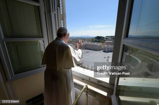 Pope Francis delivers his Sunday Angelus blessing from the window of his private library overlooking an empty St. Peter's Square on April 26, 2020 in...