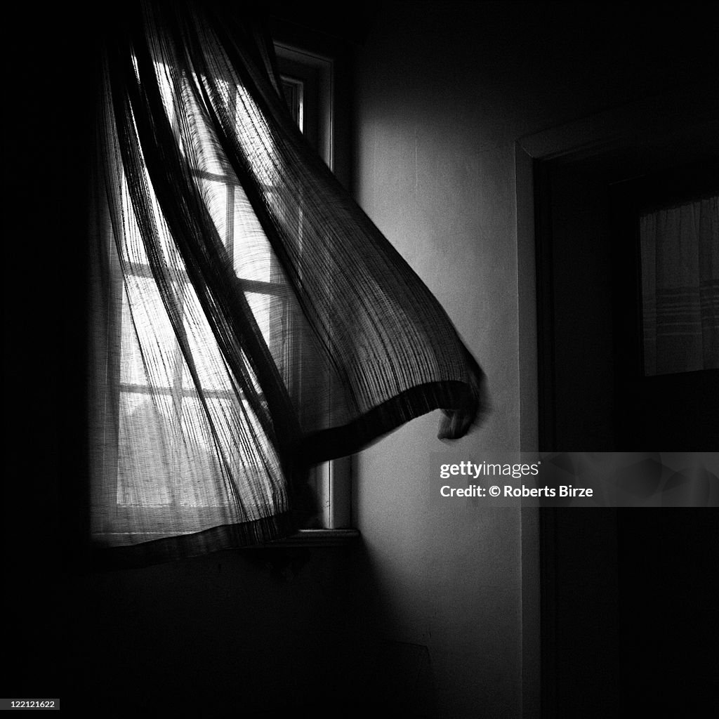 Window with curtain moving