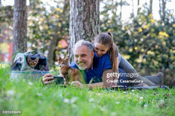 lächelnvater und tochter entspannen im öffentlichen park und machen ein selfie mit ihrer katze mit handy - cat selfie stock-fotos und bilder