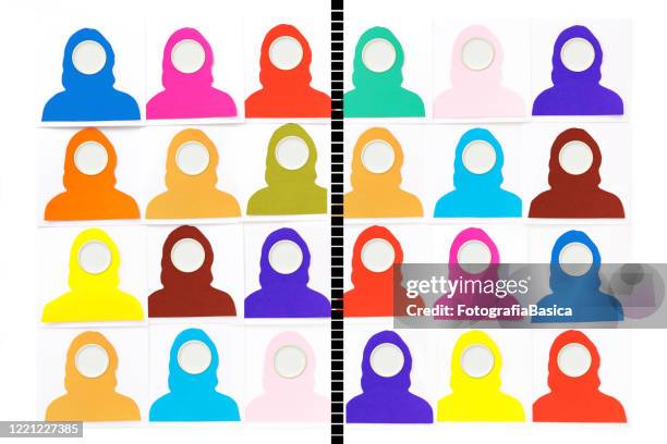 divided white circled women portraits - disconnected systems stock illustrations