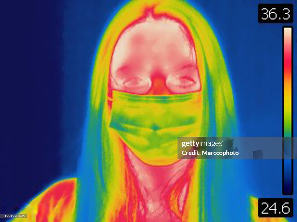 Thermal image of woman wearing protective respiratory mask on her face to prevent virus contamination