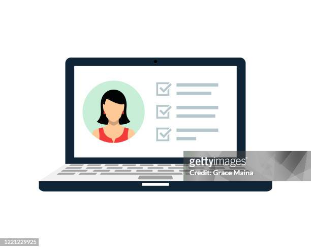 document list on a laptop with a picture of a woman with tick check marks for positive reviews vector - liso stock illustrations